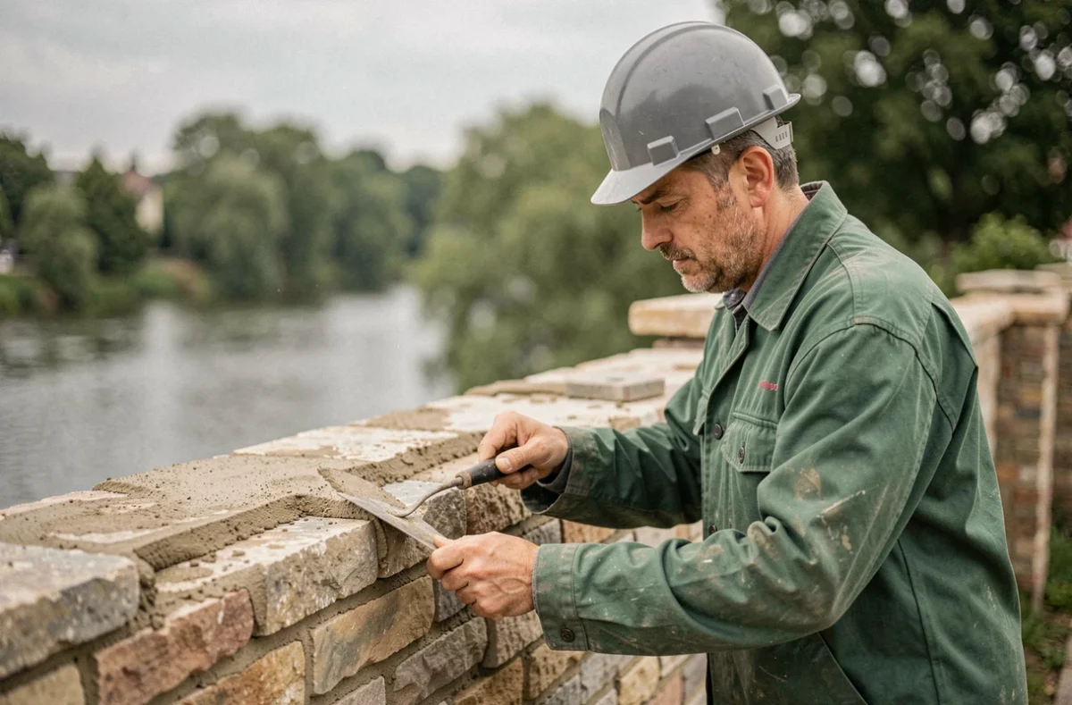 Maçon finissant un mur en pierre à Bry-sur-Marne avec la Marne en arrière-plan pour Trj Batiment