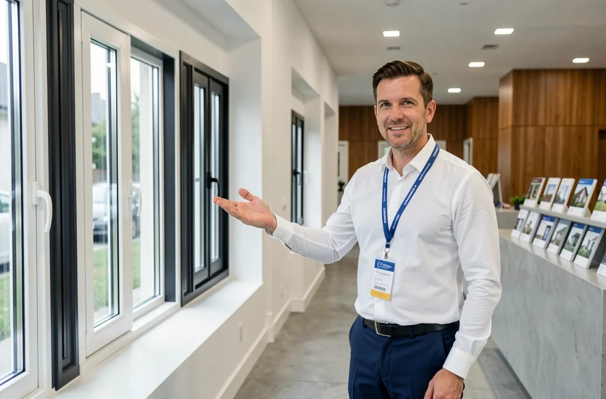 Conseiller commercial TRYBA Var dans un showroom moderne présentant des fenêtres double vitrage