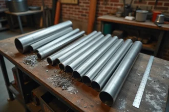 Sélection de tubes en aluminium de différents diamètres posés sur un établi en bois dans un atelier industriel
