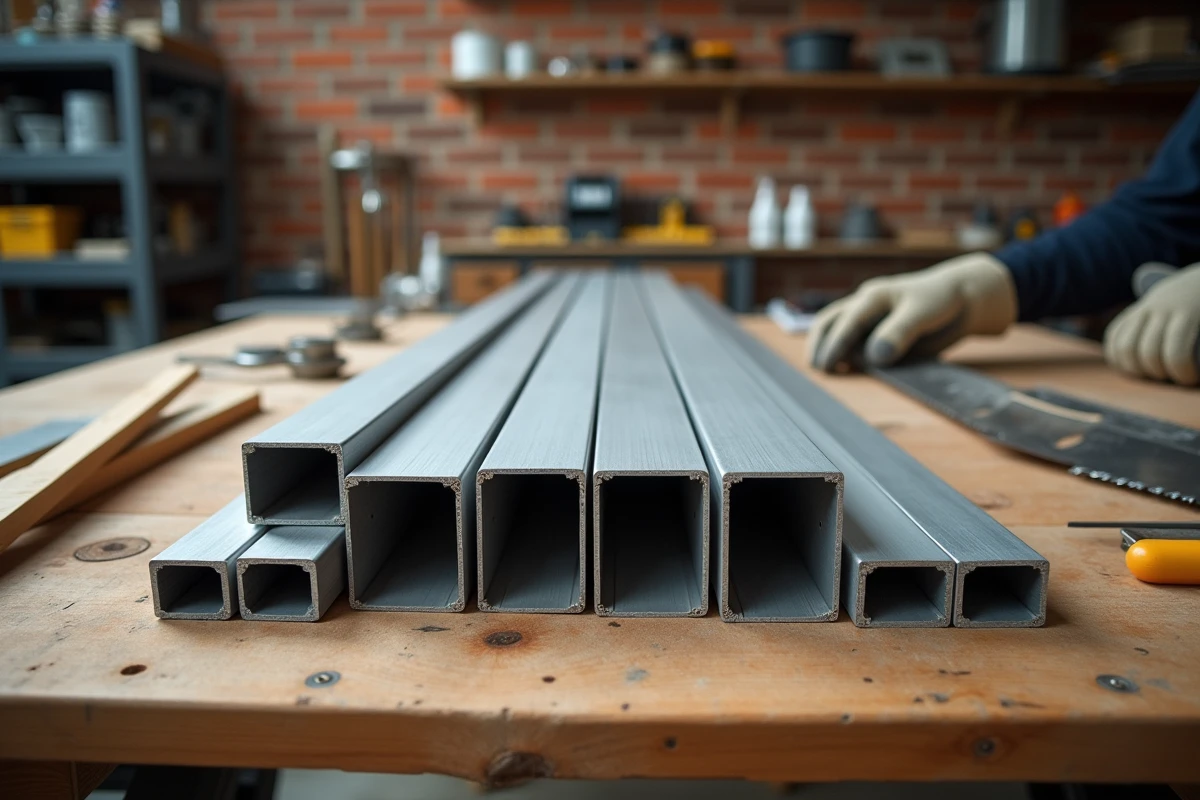 Tubes aluminium rectangulaires de différentes tailles disposés avec des outils de bricolage sur un établi en bois