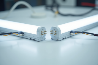 Tubes LED côte à côte sur un plan de travail blanc avec câblage électrique