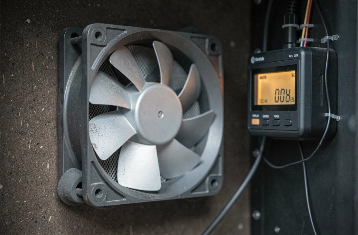 Gros plan sur un ventilateur PWM et contrôleur de température à l'intérieur d'un boitier d'aquarium