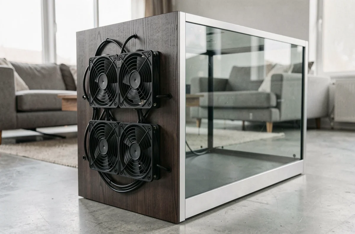 Système de ventilation silencieux installé sur le boitier d'un aquarium avec ventilateurs 120mm et grilles de protection
