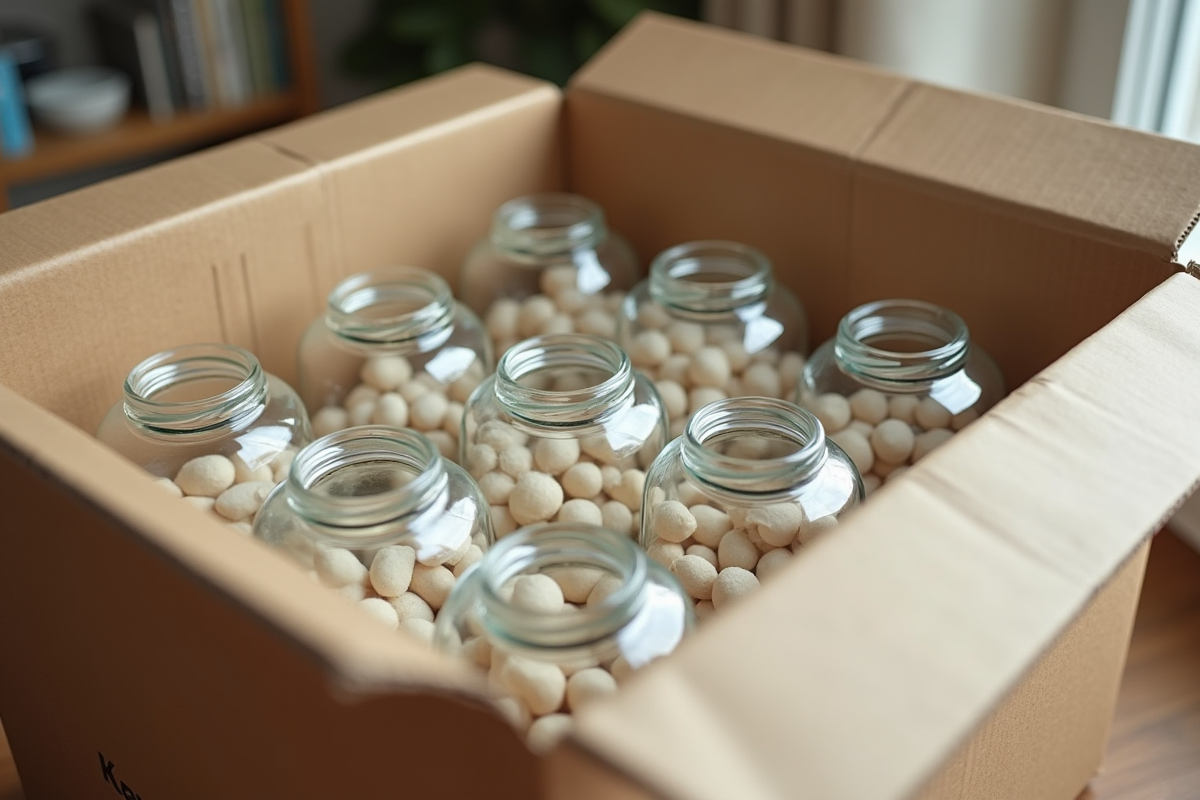 Verres bien rangés séparés par du papier recyclé dans une boîte de déménagement