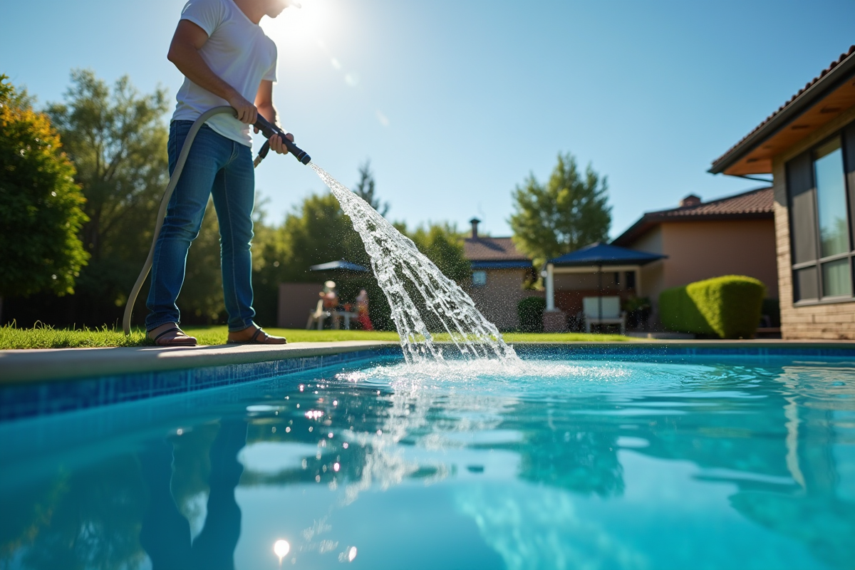 Homme vidangeant une piscine dans le jardin avec soin