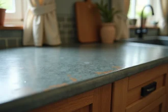 Gros plan sur une surface en zinc patiné avec des tonalités grises matte et des reflets minéraux dans une cuisine campagne française